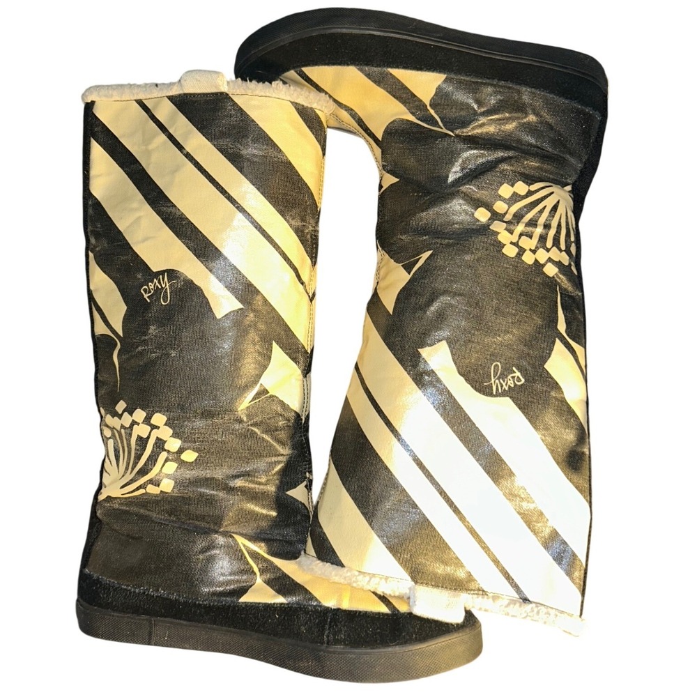 Roxy Women Black Cream Floral Striped Faux Shearling Lined Tall Winter Boots